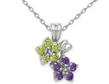 Natural Peridot and Amethyst Flower Pendant Necklace in Sterling Silver with Chain